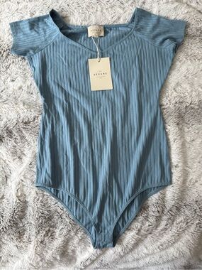 Sézane Ribbed Light Blue Bodysuit